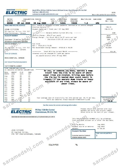 Canada Maritime Electric utility bill template in Word and PDF format